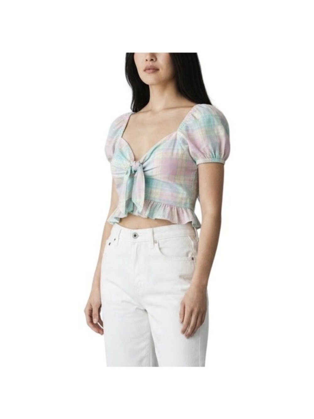 Abound Peasant Crop Top Size Medium Pastel Plaid Pink Blue Puff Sweetheart Tie